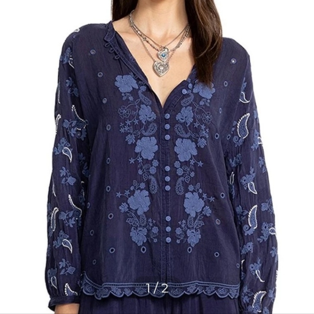Johnny Was Boho Navy Embroidered Floral Button-Front Blouse